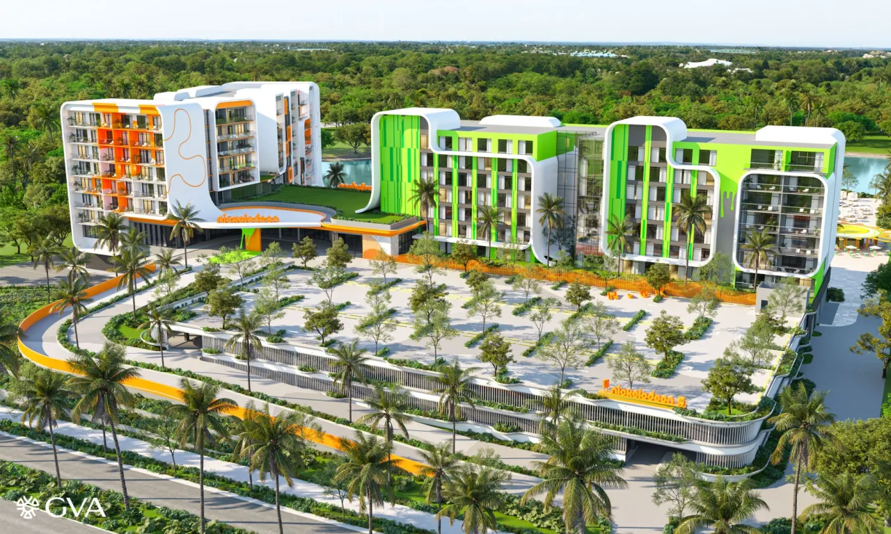 concept image of nickelodeon hotel with orange green building accents
